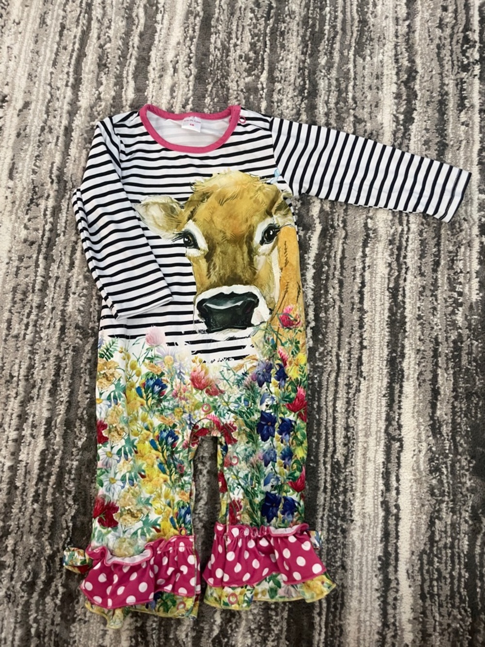 Striped Floral Cow Print Ruffle Kids One-Piece - Pink Accent